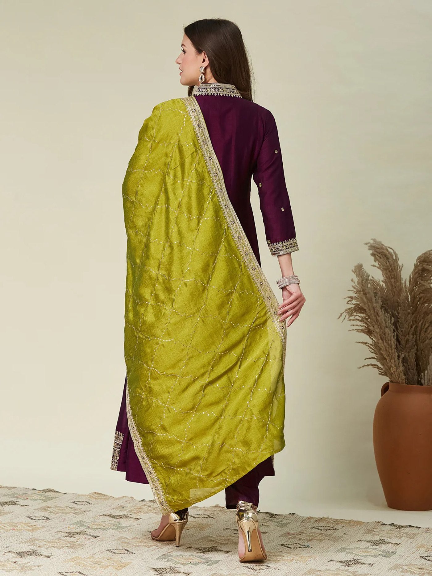 Beige Wine Vichitra Anarkali Kurti Set with Dupatta Embroidered Festive Wear