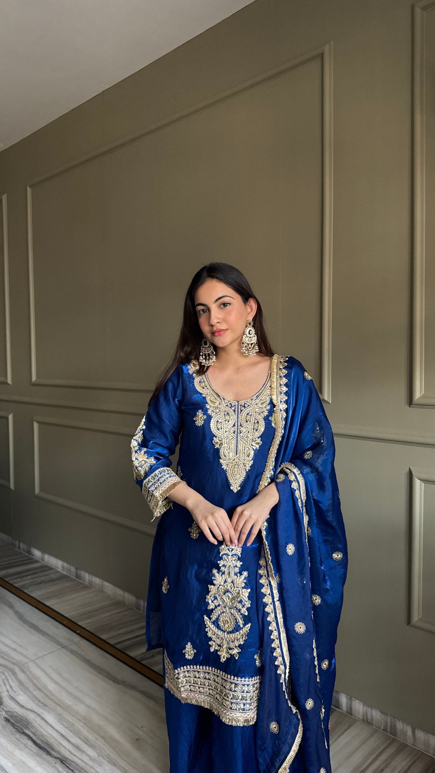 Pink & Dark Blue Fendi Satin Kurti Palazzo Set with Dupatta Embroidered Designer Wear