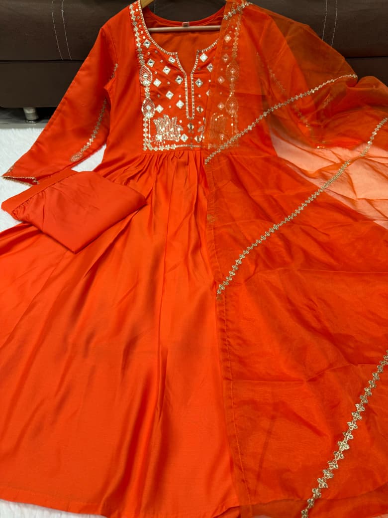Orange & Green Chanderi Silk Kurti Set Women