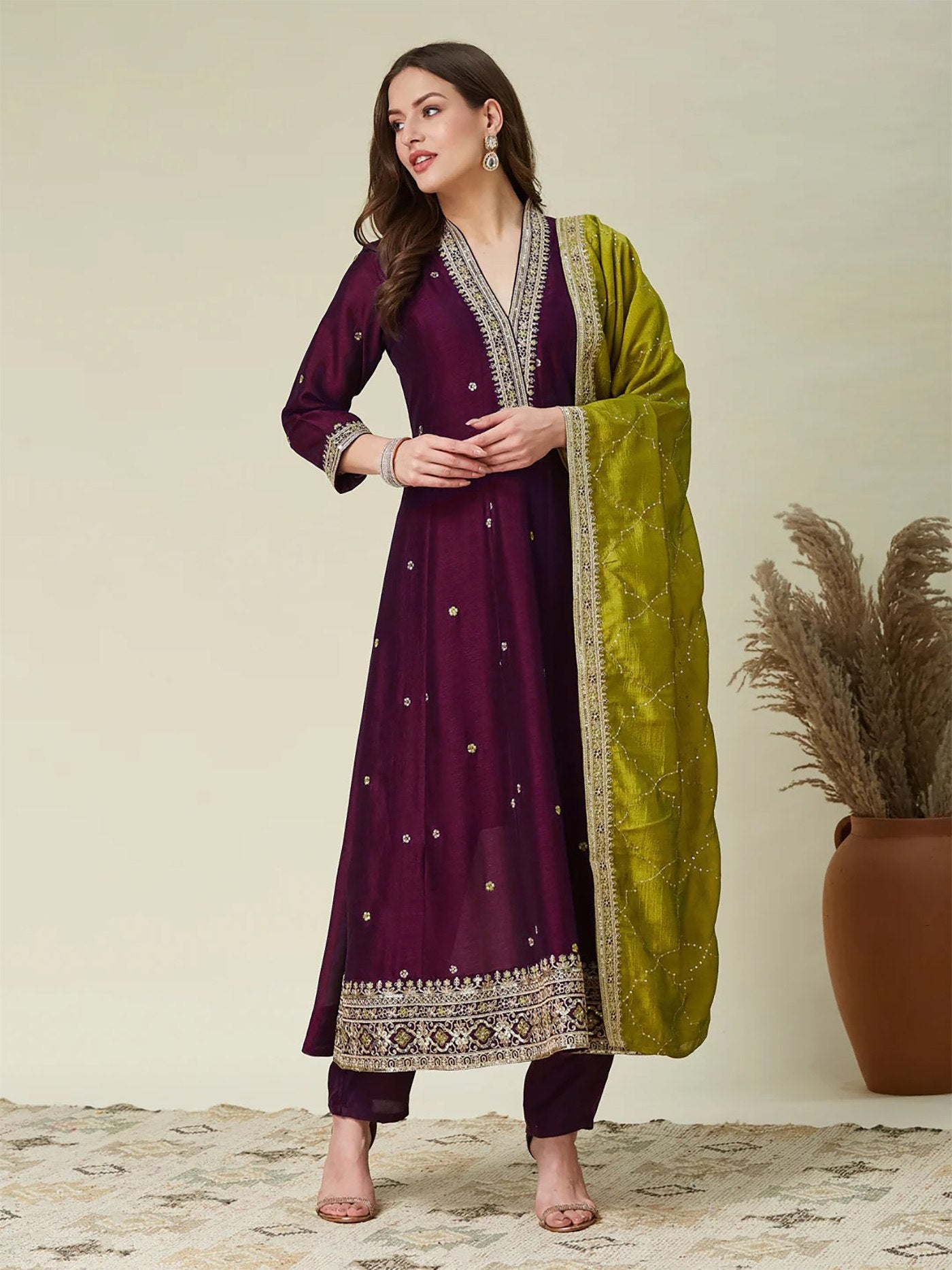 Beige Wine Vichitra Anarkali Kurti Set with Dupatta Embroidered Festive Wear