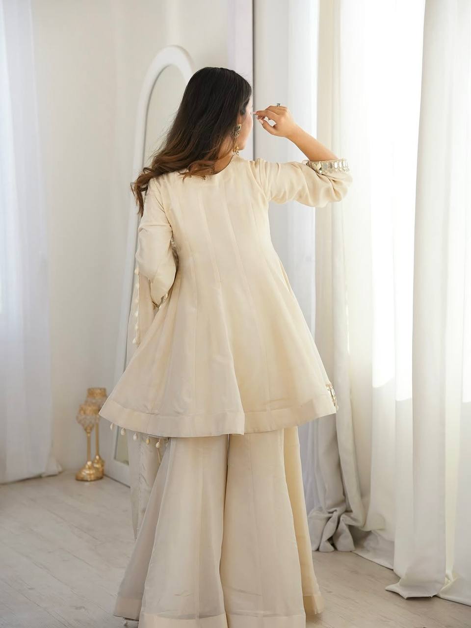Off White Organza Silk Kurti Sharara Set with Dupatta Mirror Work Ethnic Wear