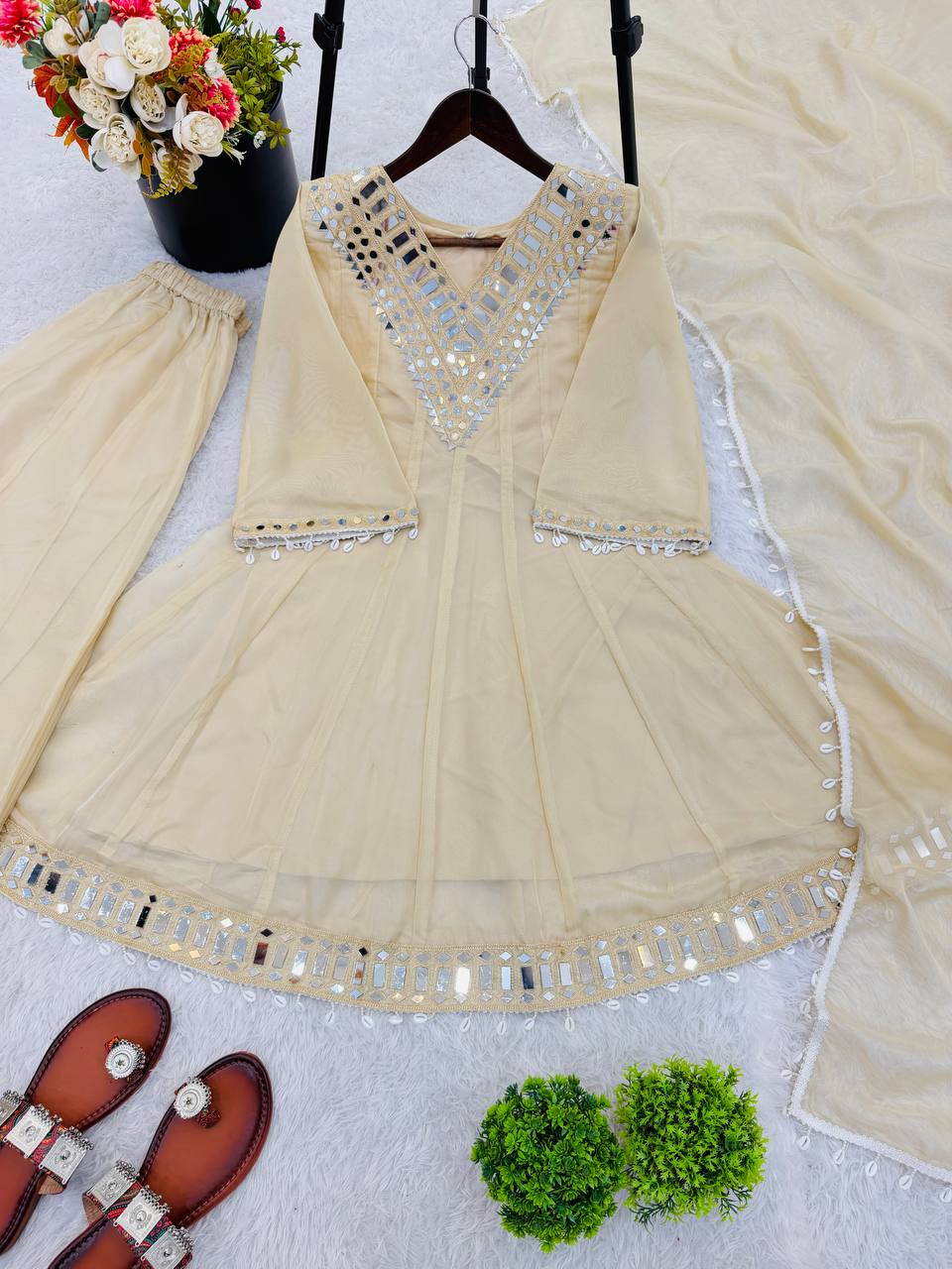 Off White Organza Silk Kurti Sharara Set with Dupatta Mirror Work Ethnic Wear