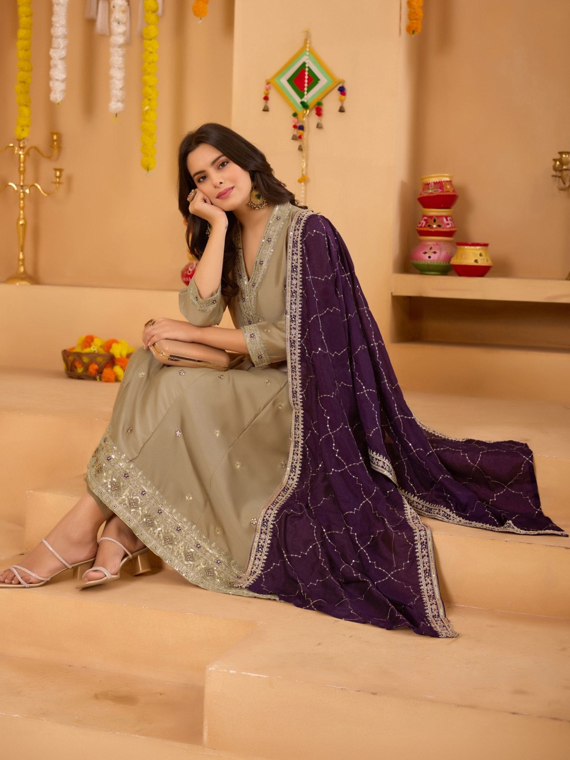 Beige Wine Vichitra Anarkali Kurti Set with Dupatta Embroidered Festive Wear