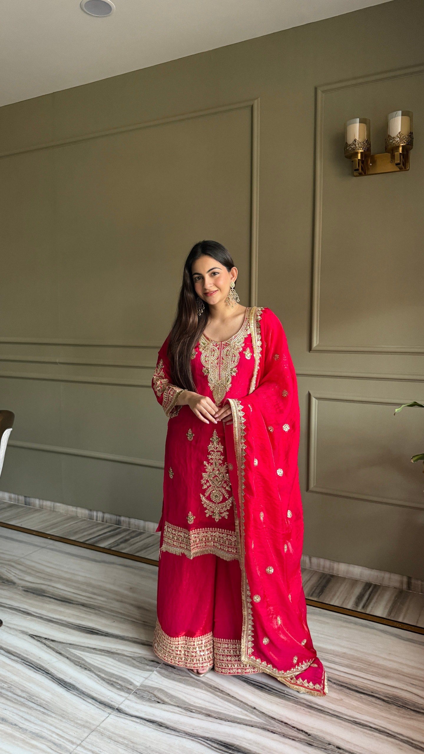 Pink & Dark Blue Fendi Satin Kurti Palazzo Set with Dupatta Embroidered Designer Wear