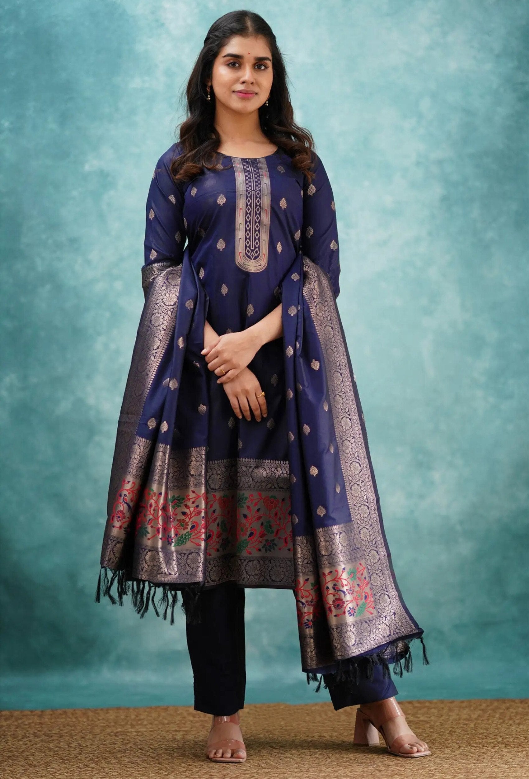 Blue Art Silk Kurti Pant Set with Dupatta Woven Design Ethnic Wear
