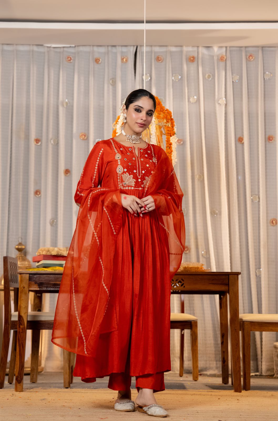 Orange & Green Chanderi Silk Kurti Set Women