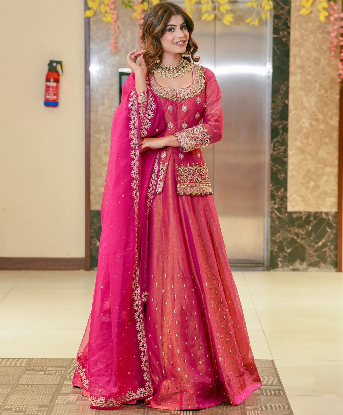 Pink Roman Silk Lehenga Choli Set with Net Dupatta Beads Stone Work Festive Wear