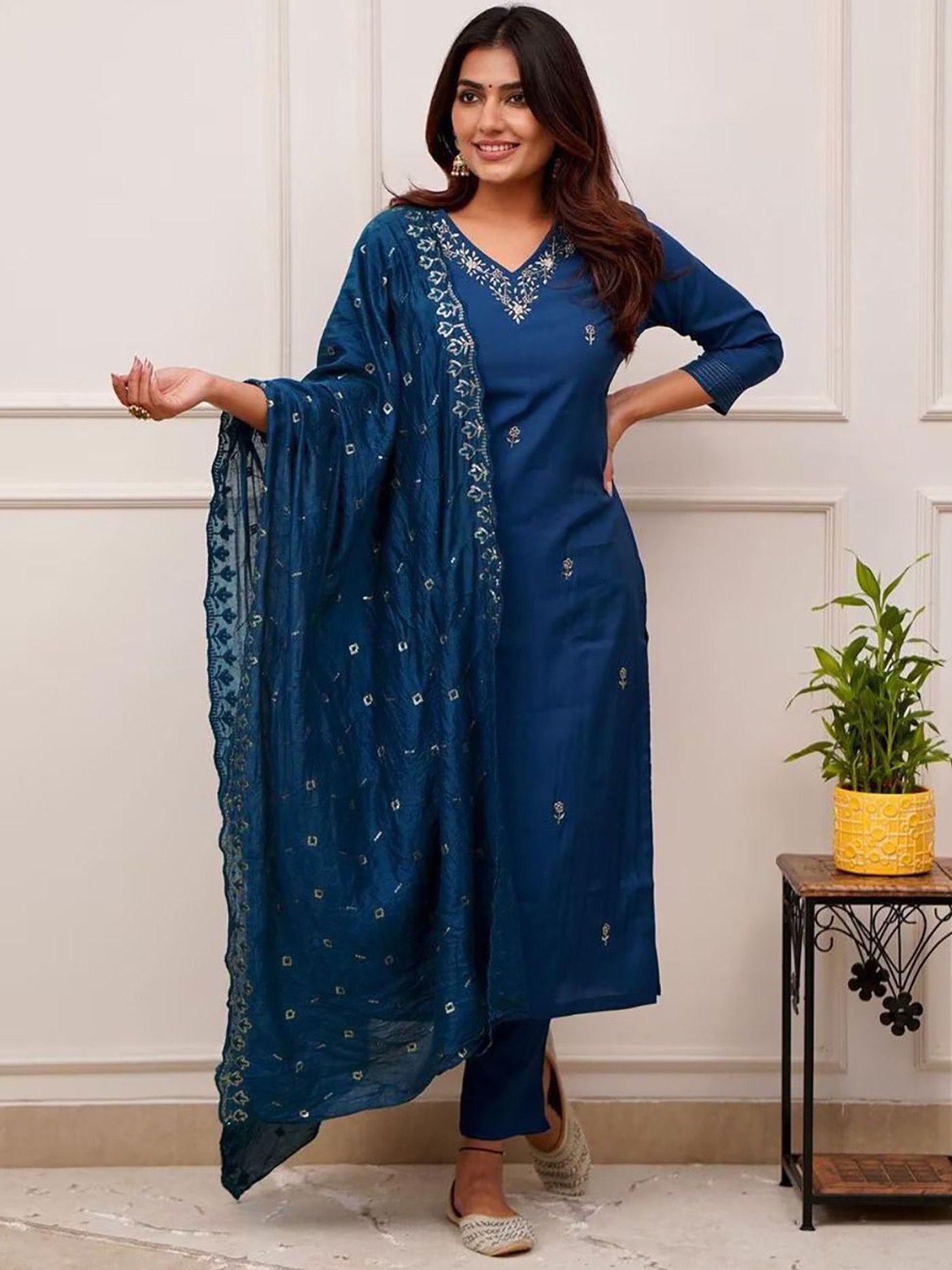 Cerulean Tesla Kurta Pant Set with Vichitra Dupatta Embroidered Ethnic Wear