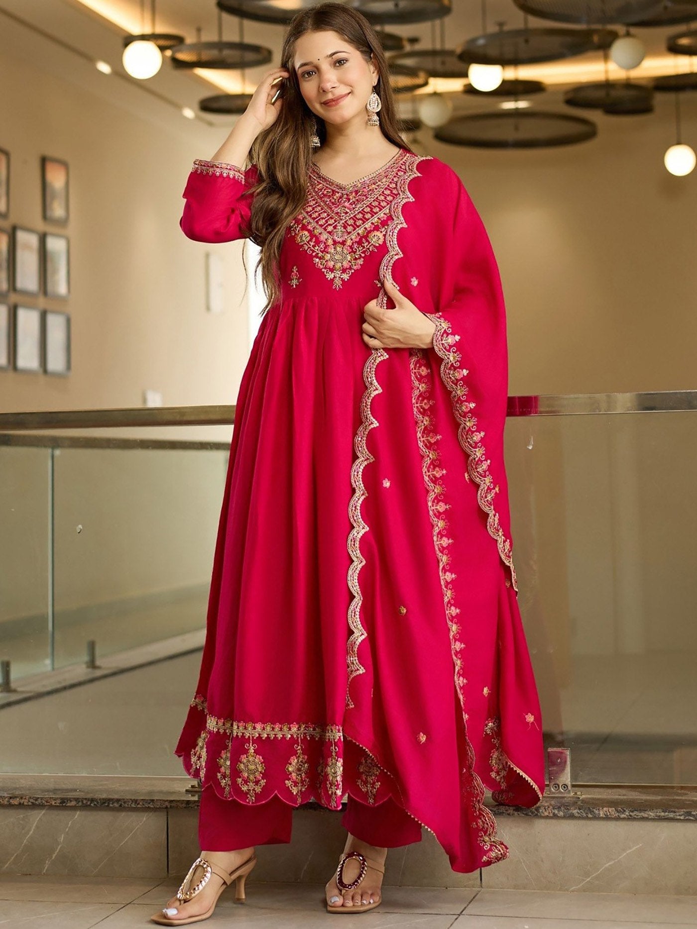 Pink Vichitra Anarkali Sharara Set with Dupatta Embroidered Festive Wear