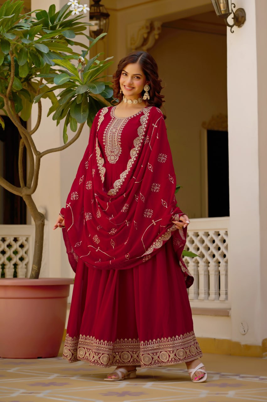 Maroon Faux Blooming Anarkali Gown with Dupatta Sequins Embroidery Festive Wear