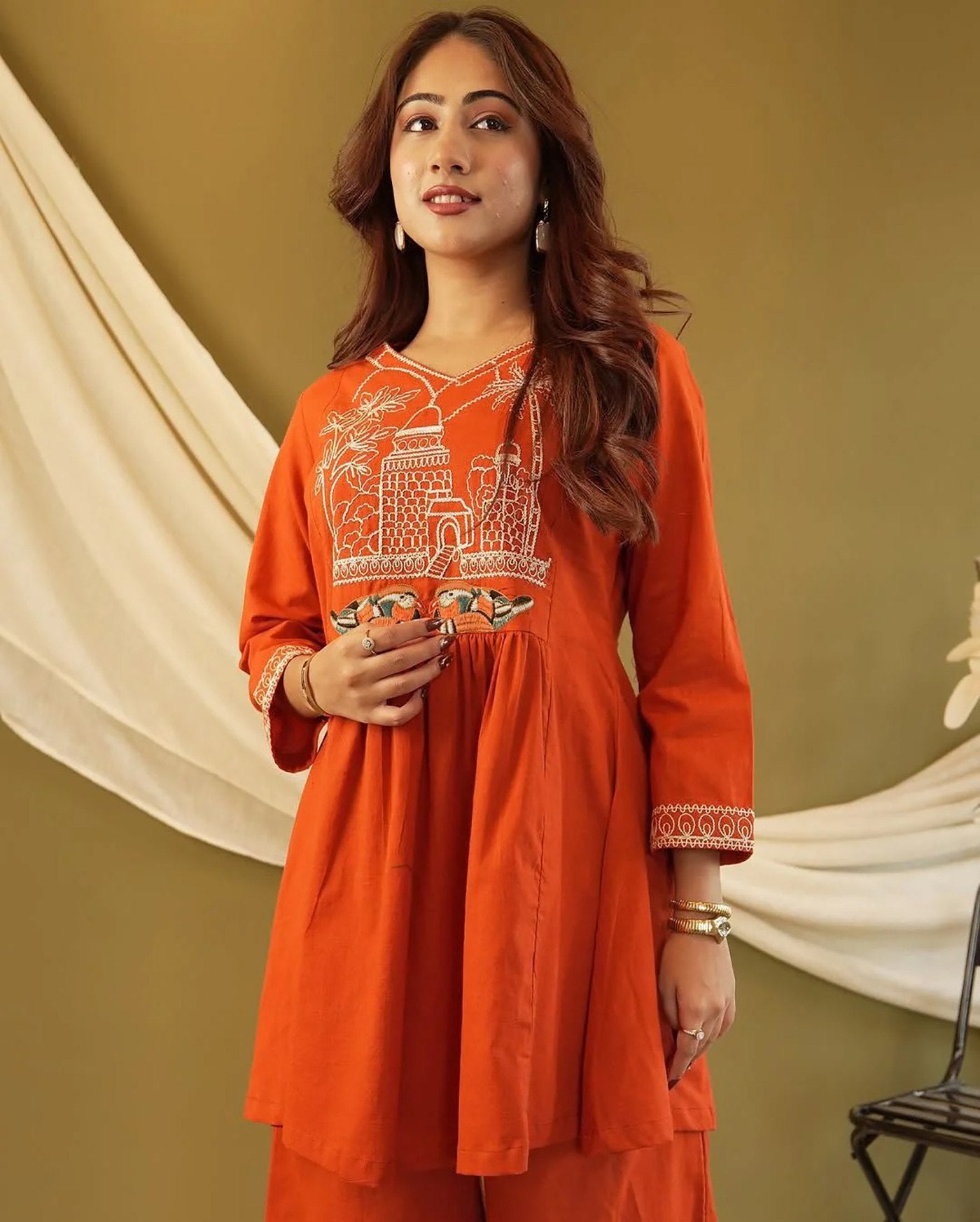 Orange Crepe Kurta Pant Co-Ord Set Embroidered Ethnic Wear