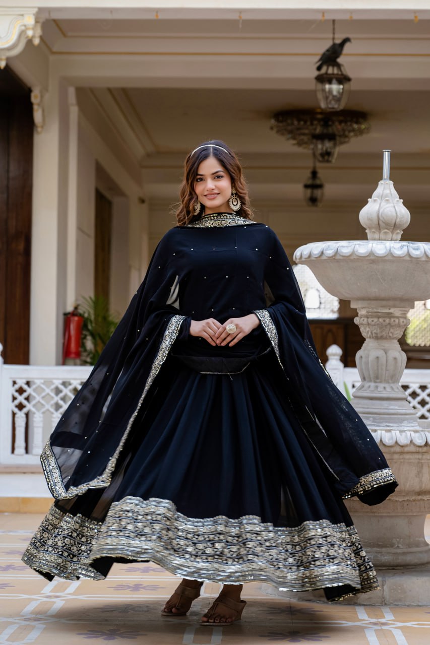 Black Faux Blooming Anarkali Gown with Dupatta Sequins Embroidery Party Wear