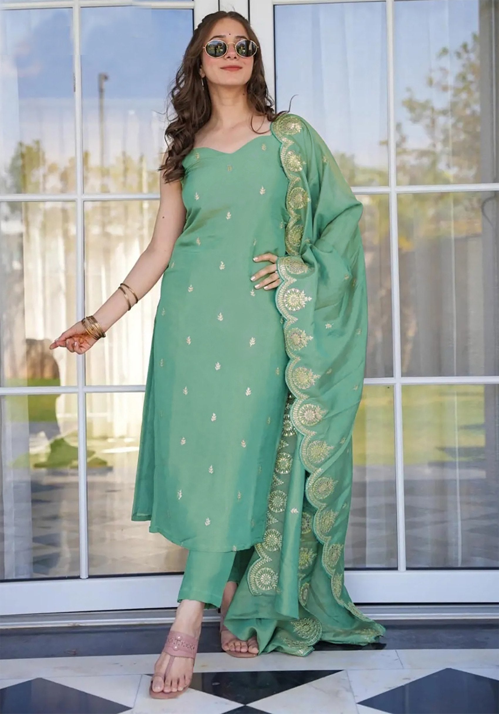 Light Green Embroidered Tesla Kurta Pant Dupatta Set