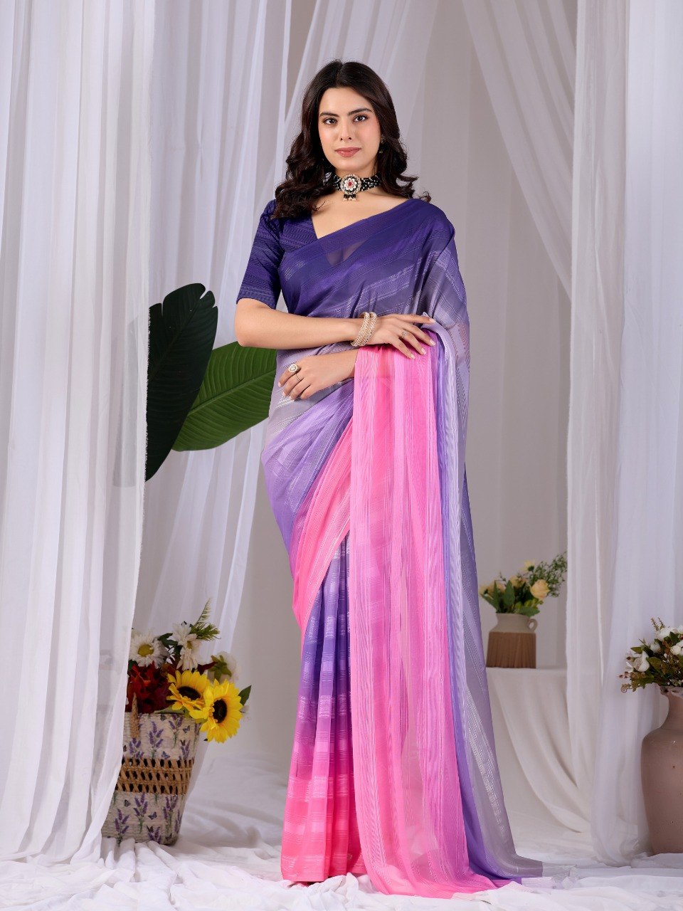 Purple Pink Dual Tone Monsoon Saree with Blouse Elegant Party Wear
