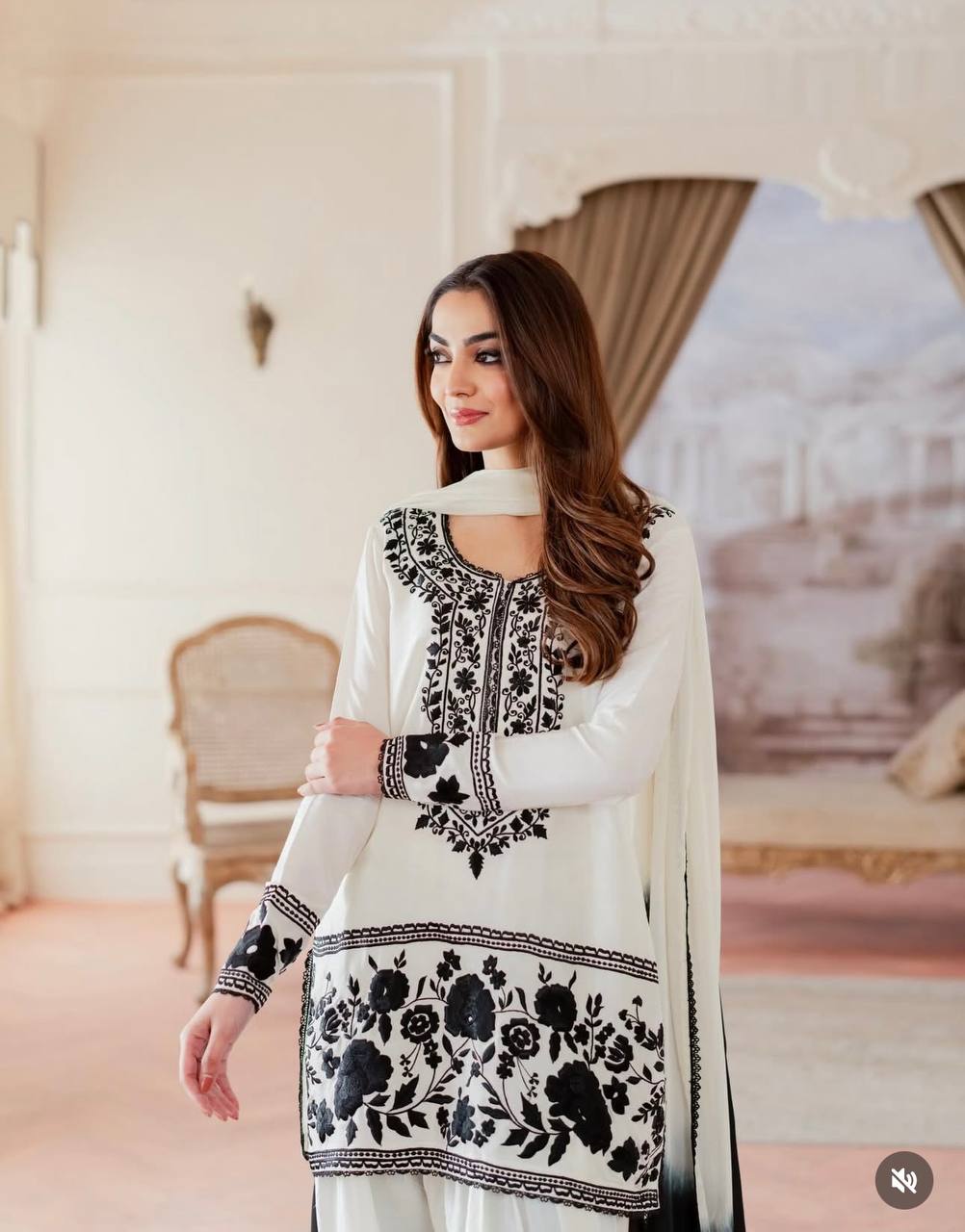 White Natural Crepe Kurti Farshi Palazzo Set with Georgette Dupatta Embroidered Ethnic Wear