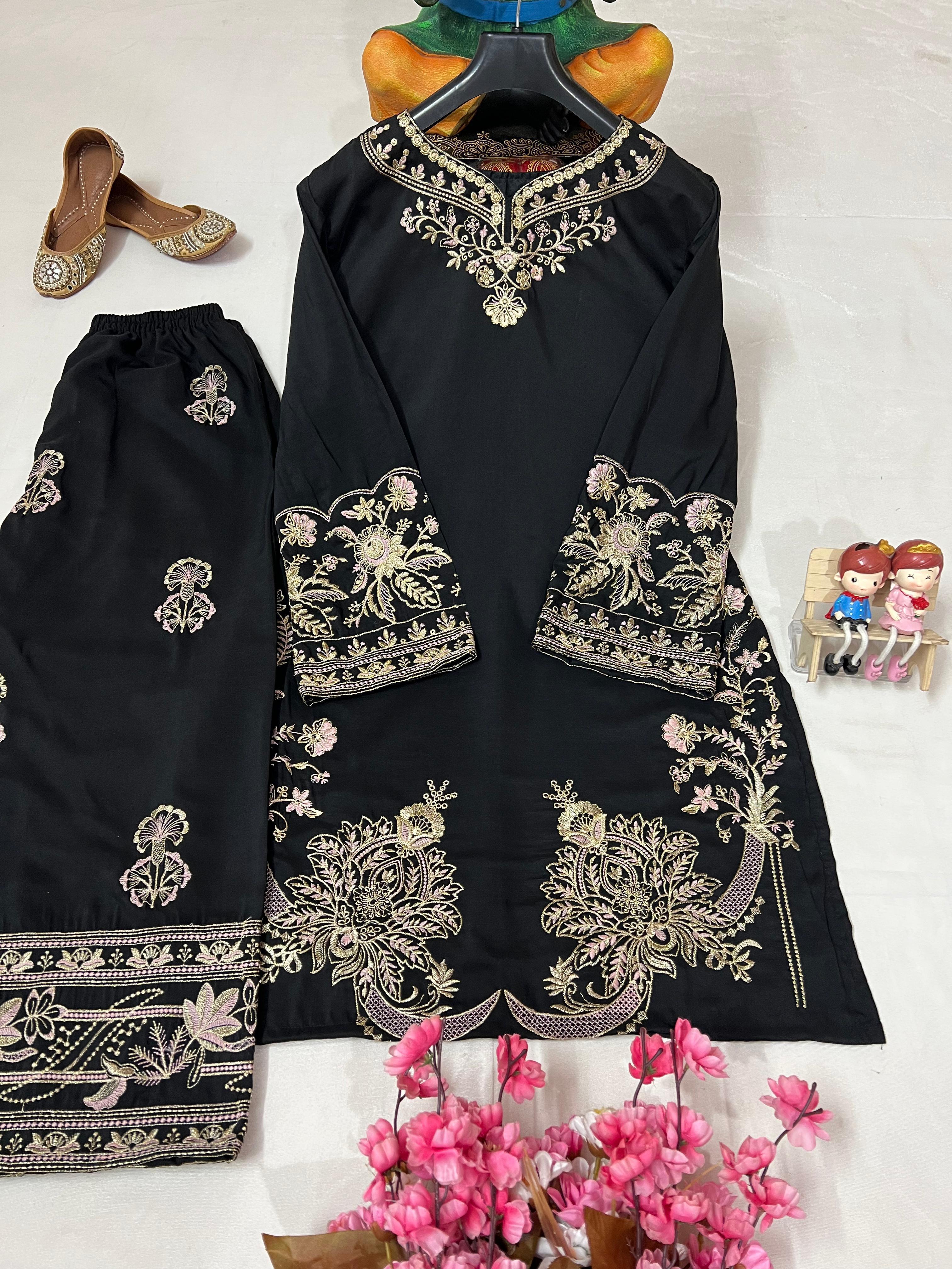 Black Muslin Cotton Co-Ord Set with Palazzo Embroidered Ethnic Wear