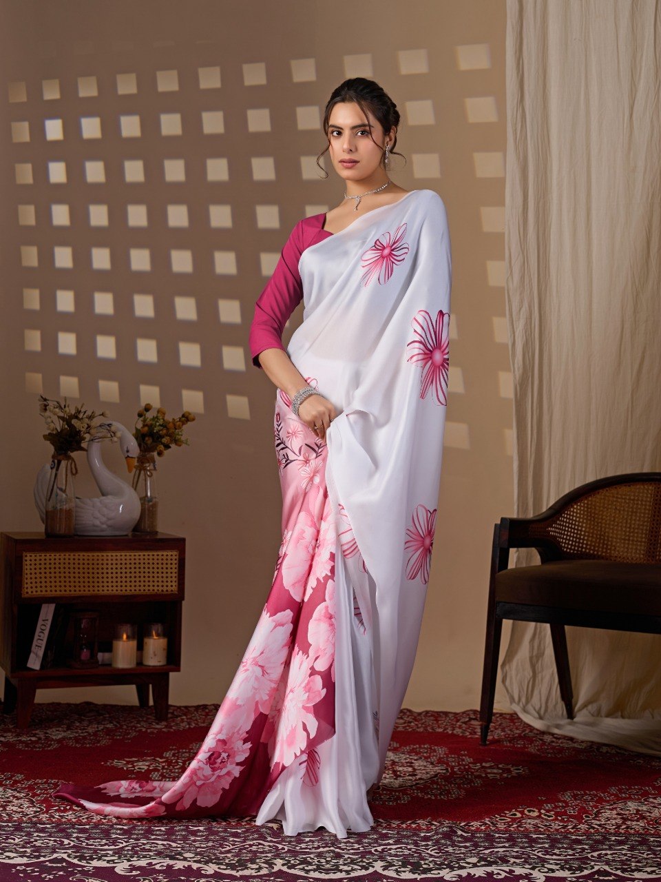 White & Pink Floral Satin Georgette Saree