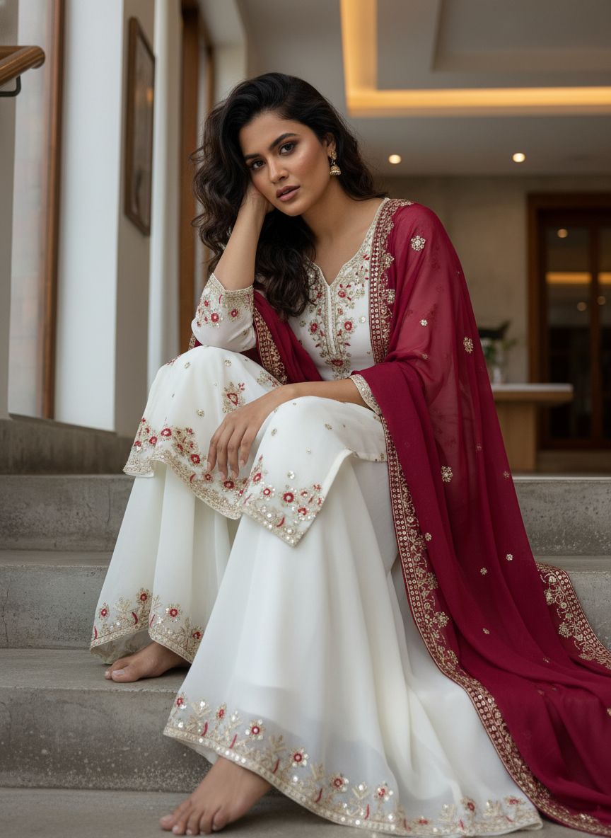 Off White & Black Georgette Kurti Palazzo Set with Dupatta Sequins Zari Work
