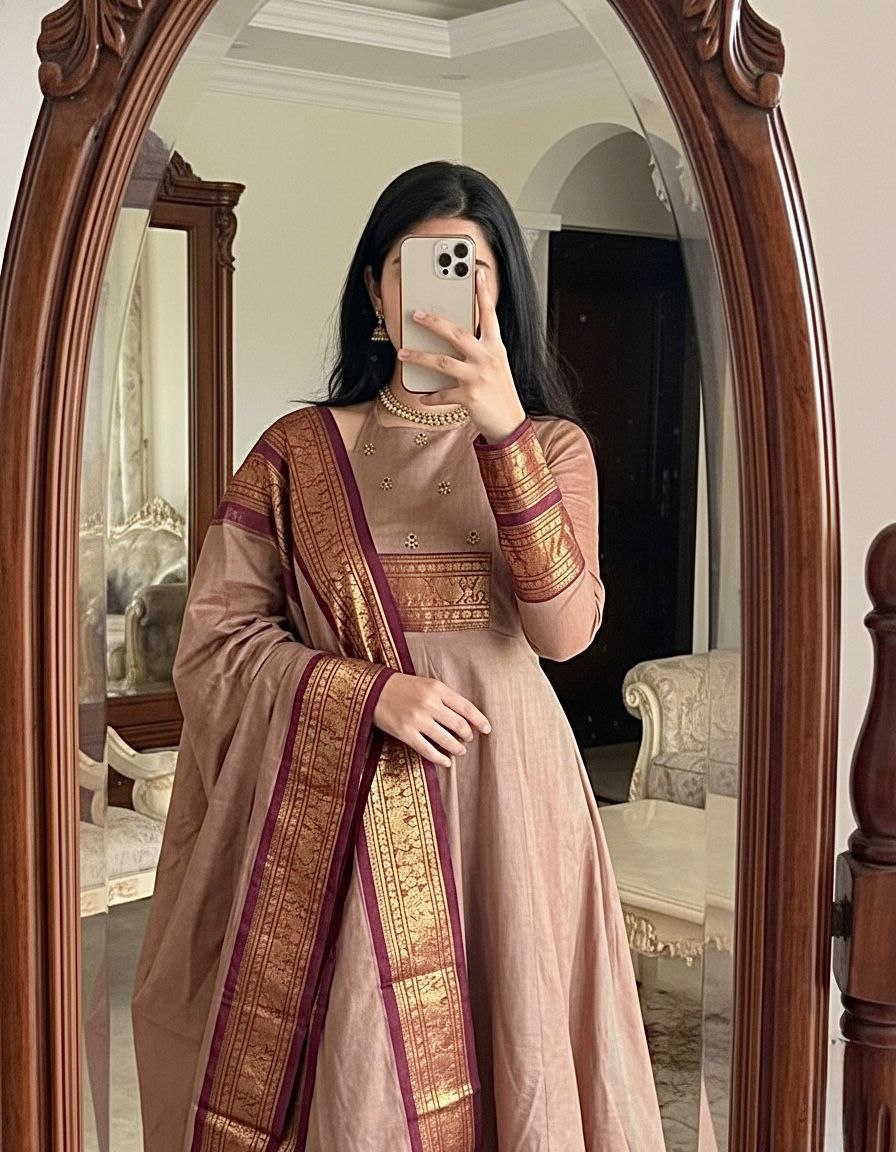 Brown Pattu Cotton Anarkali Kurti Set with Dupatta Zari Border Traditional Wear