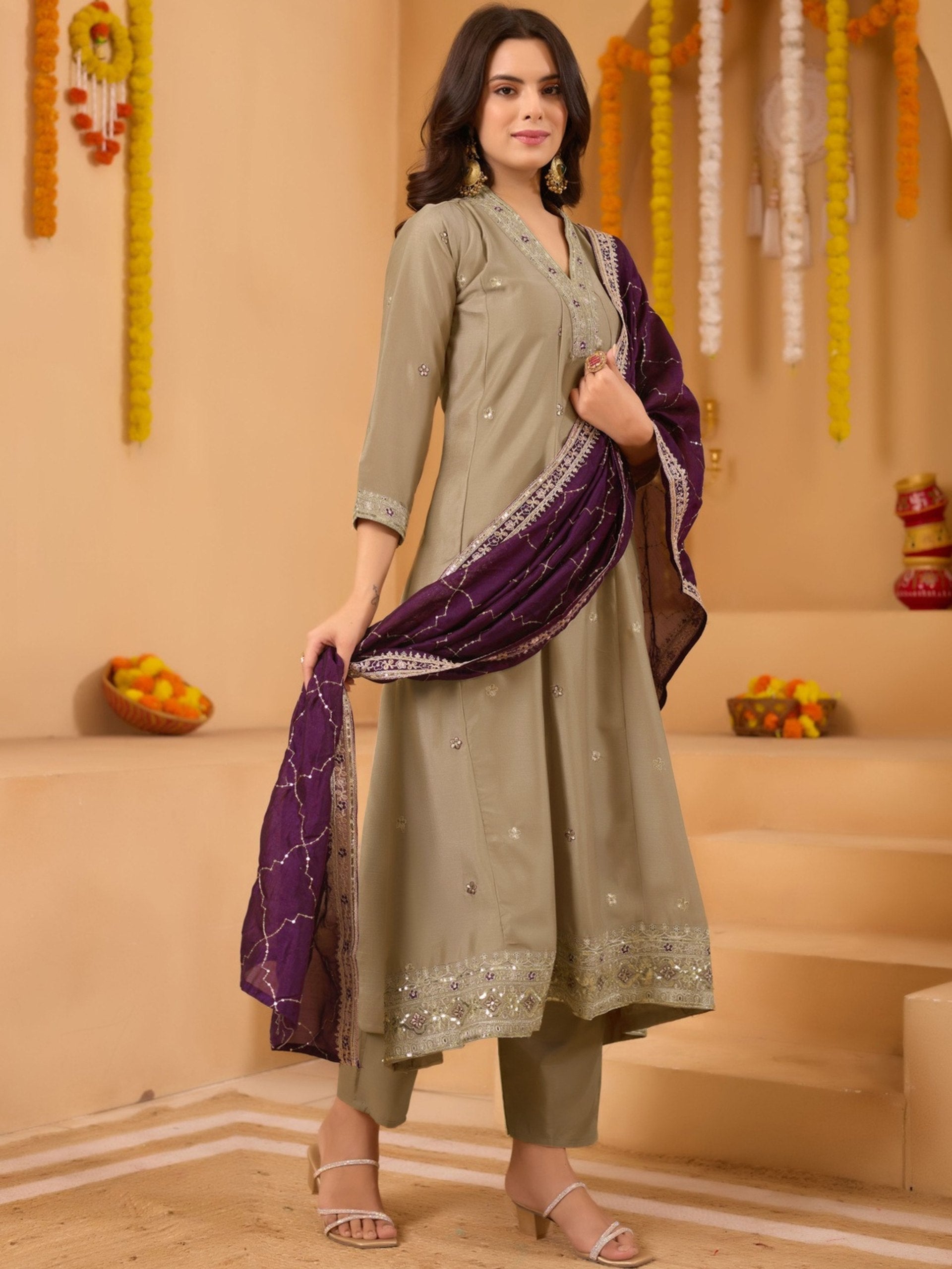 Beige Wine Vichitra Anarkali Kurti Set with Dupatta Embroidered Festive Wear
