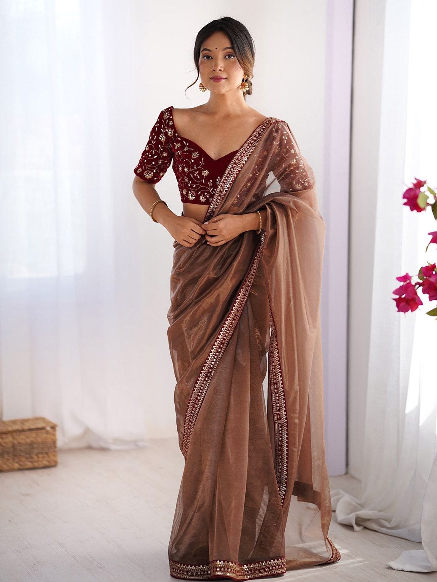 Brown Net Saree with Velvet Blouse Embroidery Work Party Wear Saree
