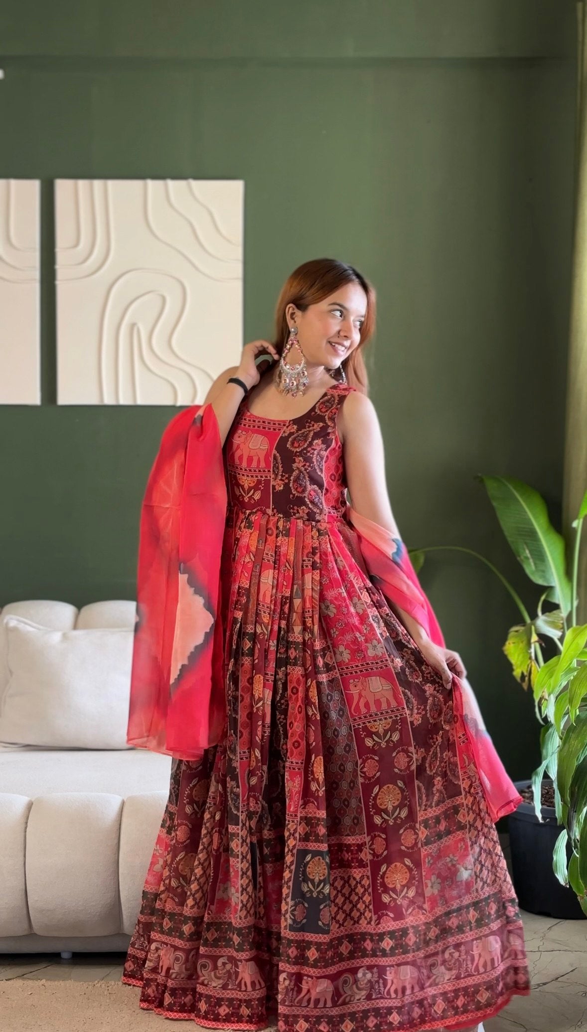 Red Patola Printed Organza Gown with Dupatta Festive Ethnic Wear