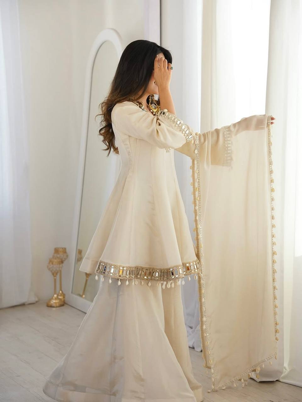 Off White Organza Silk Kurti Sharara Set with Dupatta Mirror Work Ethnic Wear