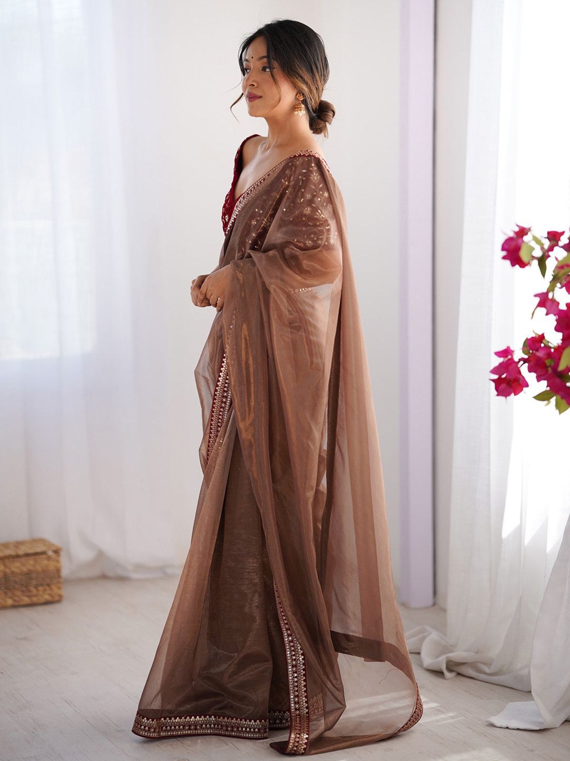Brown Net Saree with Velvet Blouse Embroidery Work Party Wear Saree