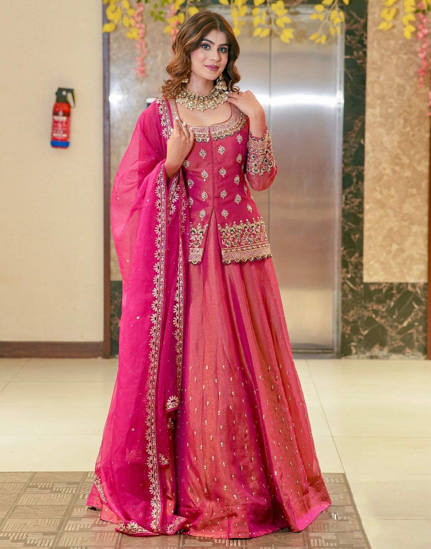 Pink Roman Silk Lehenga Choli Set with Net Dupatta Beads Stone Work Festive Wear