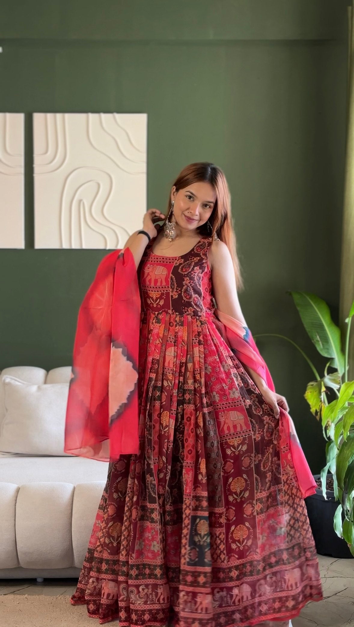 Red Patola Printed Organza Gown with Dupatta Festive Ethnic Wear