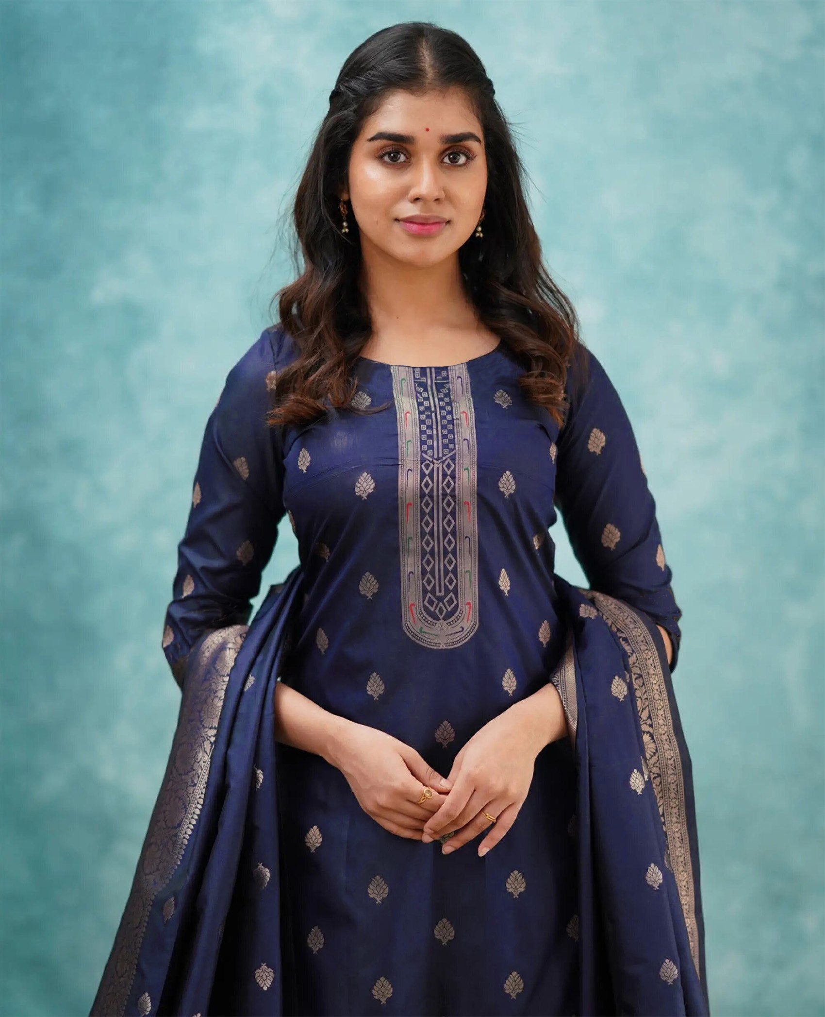 Blue Art Silk Kurti Pant Set with Dupatta Woven Design Ethnic Wear