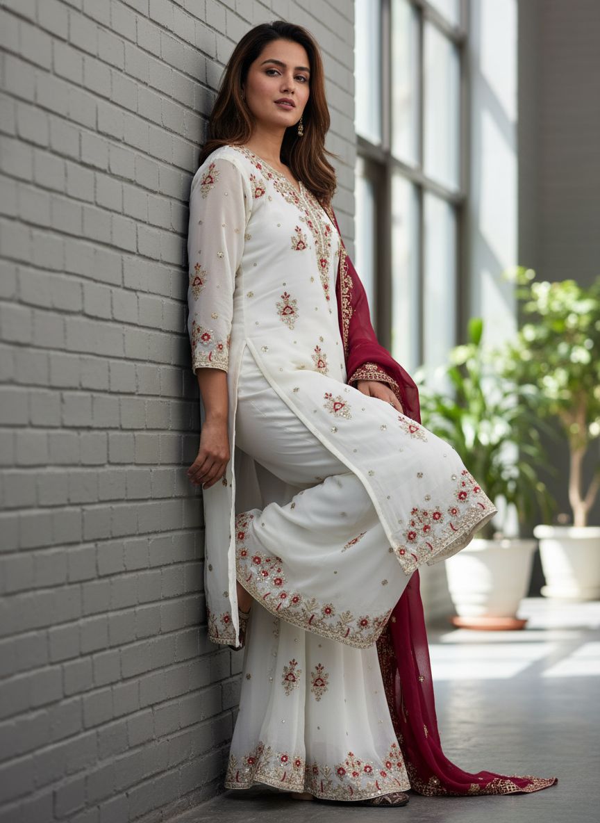 Off White & Black Georgette Kurti Palazzo Set with Dupatta Sequins Zari Work