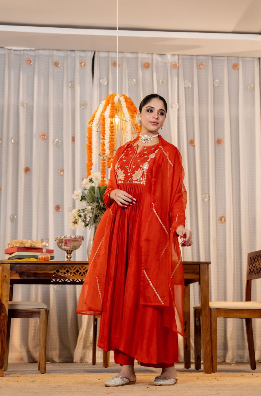 Orange & Green Chanderi Silk Kurti Set Women