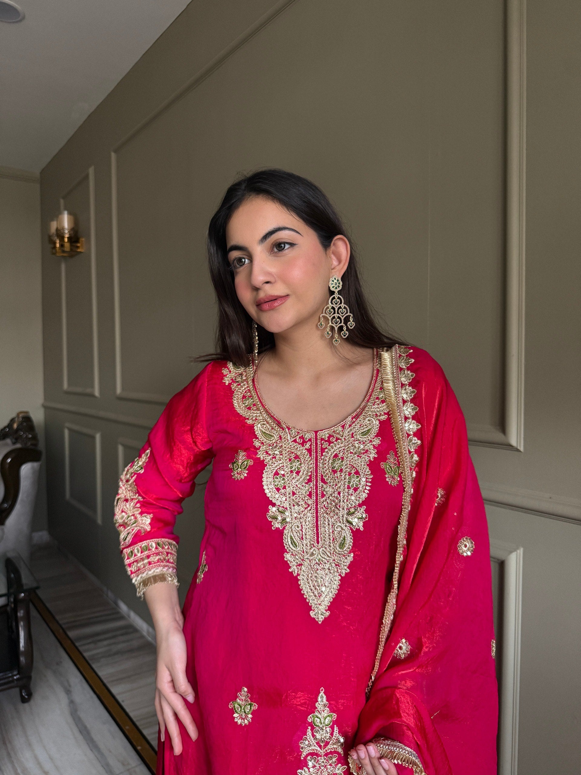 Pink & Dark Blue Fendi Satin Kurti Palazzo Set with Dupatta Embroidered Designer Wear