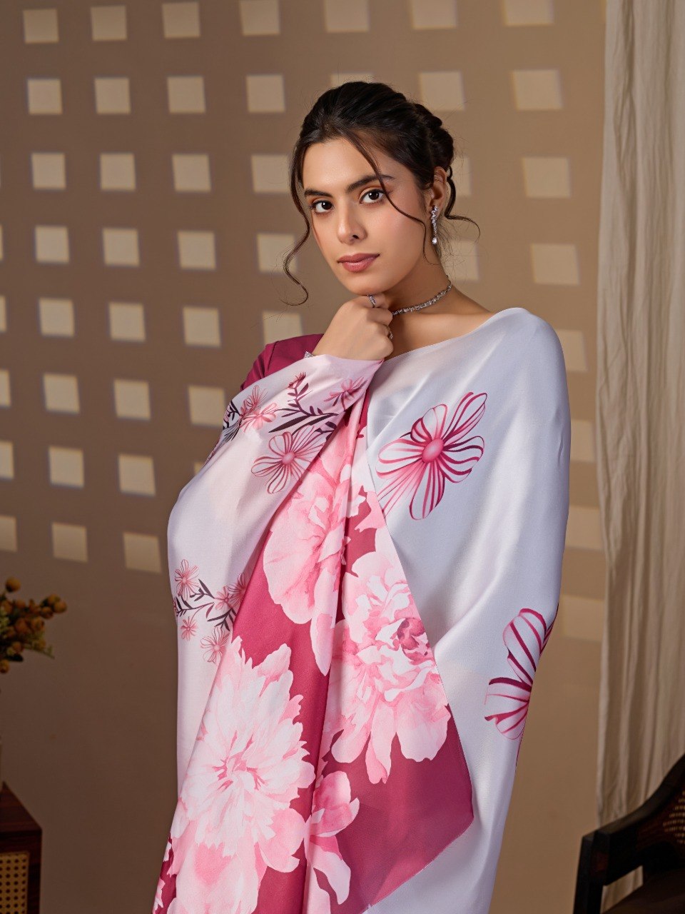 White & Pink Floral Satin Georgette Saree