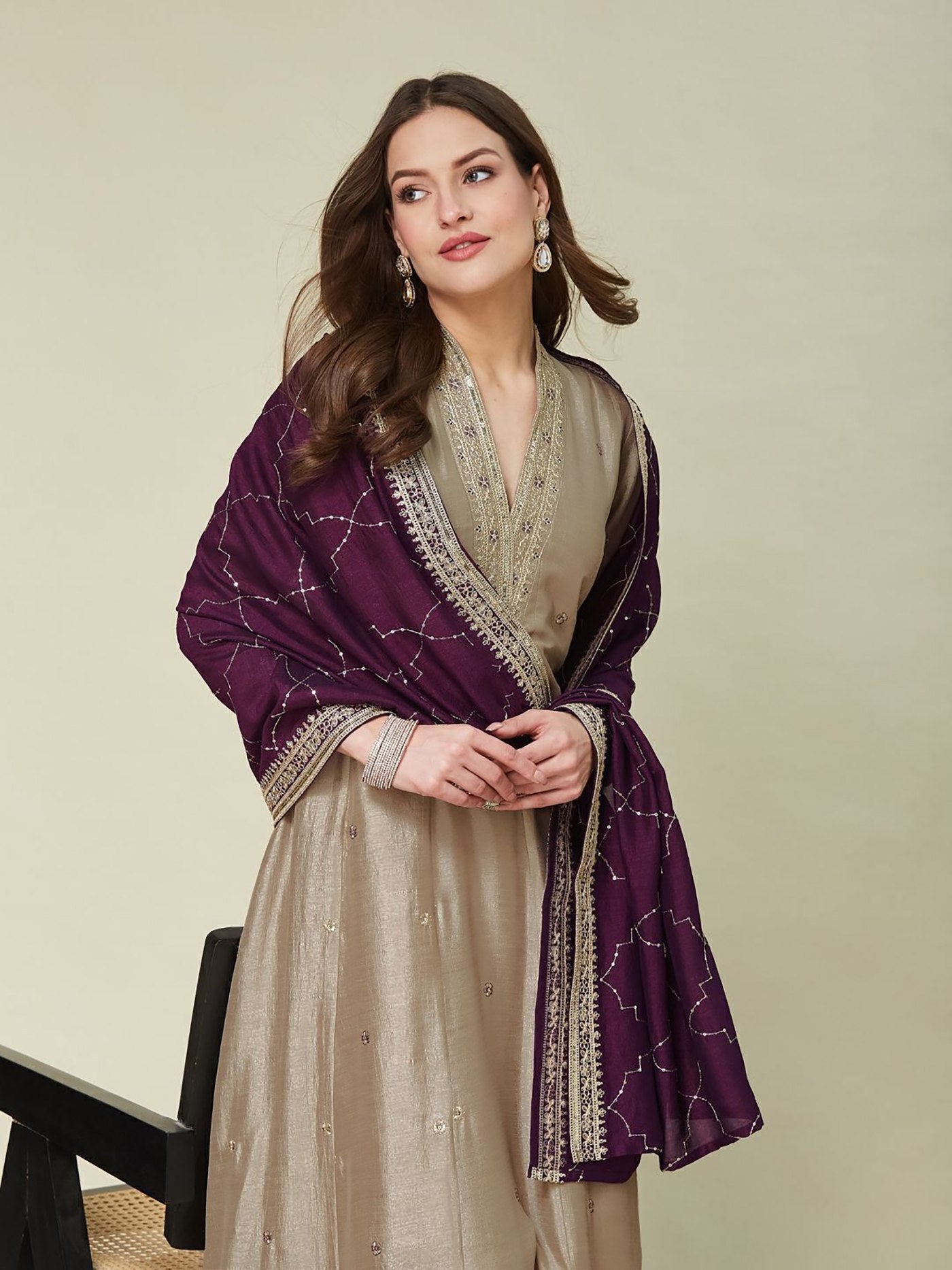 Beige Wine Vichitra Anarkali Kurti Set with Dupatta Embroidered Festive Wear