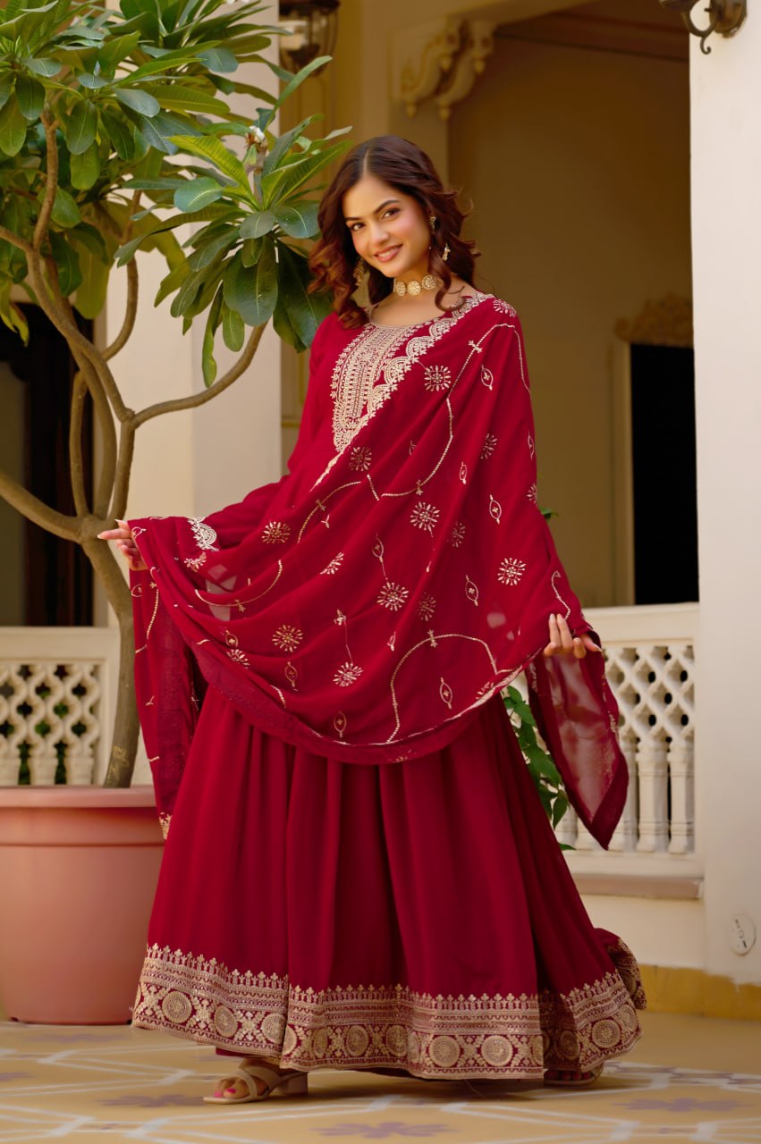 Maroon Faux Blooming Anarkali Gown with Dupatta Sequins Embroidery Festive Wear