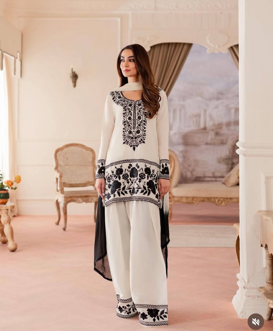 White Natural Crepe Kurti Farshi Palazzo Set with Georgette Dupatta Embroidered Ethnic Wear