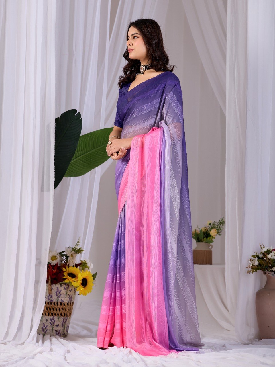 Purple Pink Dual Tone Monsoon Saree with Blouse Elegant Party Wear