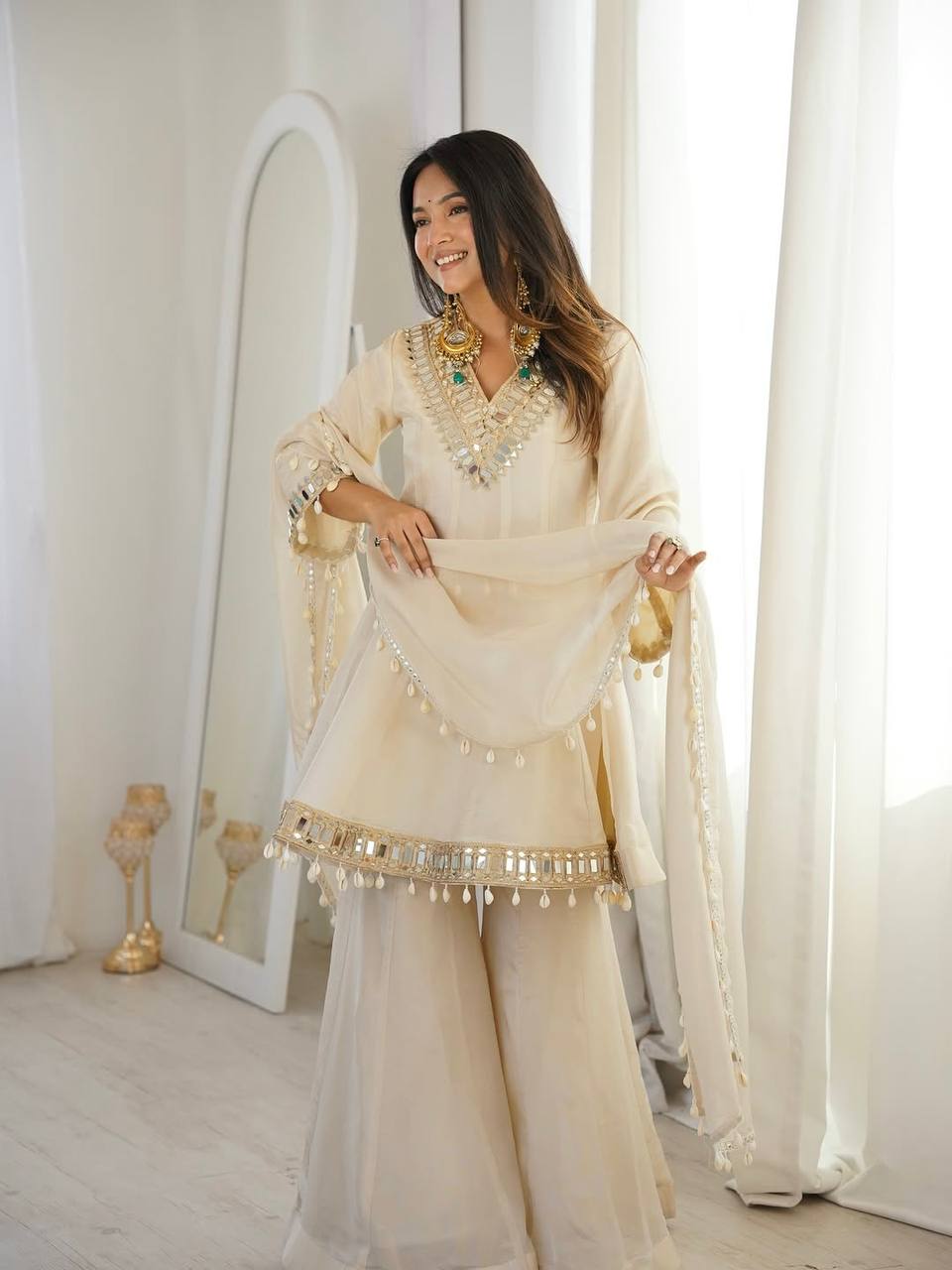 Off White Organza Silk Kurti Sharara Set with Dupatta Mirror Work Ethnic Wear