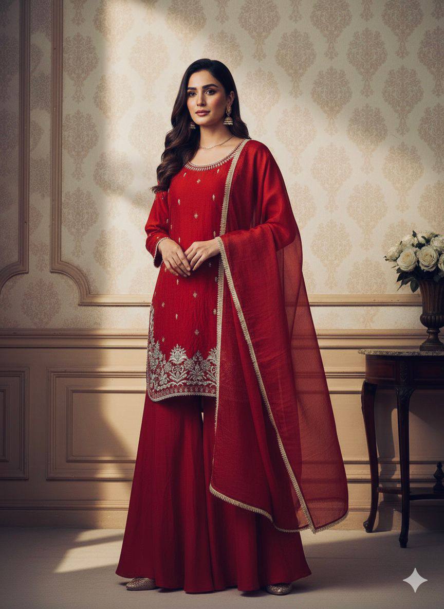 Fendy Kurti Palazzo Set with Dupatta Sequence Embroidery Eid Festive Wear