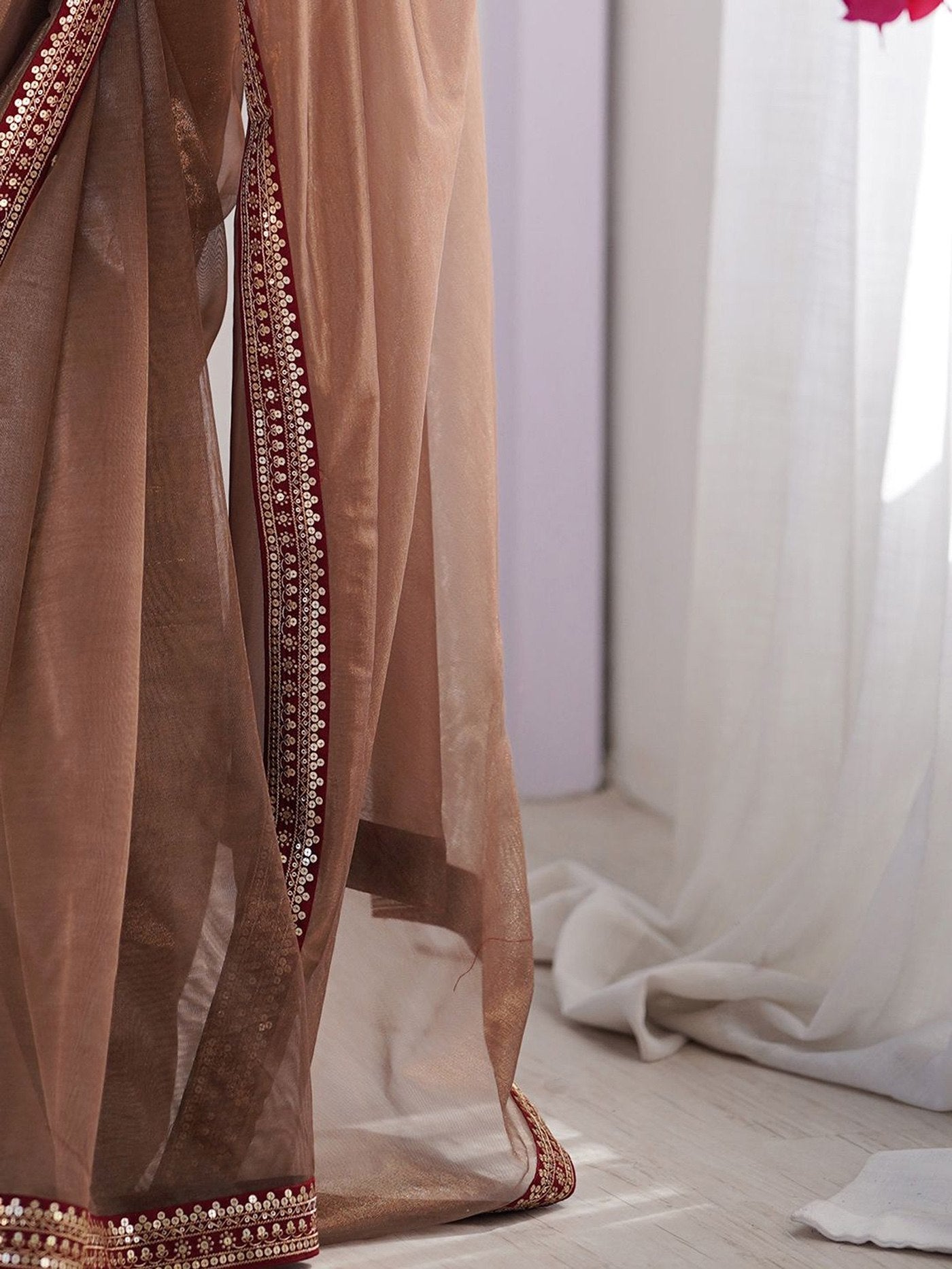 Brown Net Saree with Velvet Blouse Embroidery Work Party Wear Saree