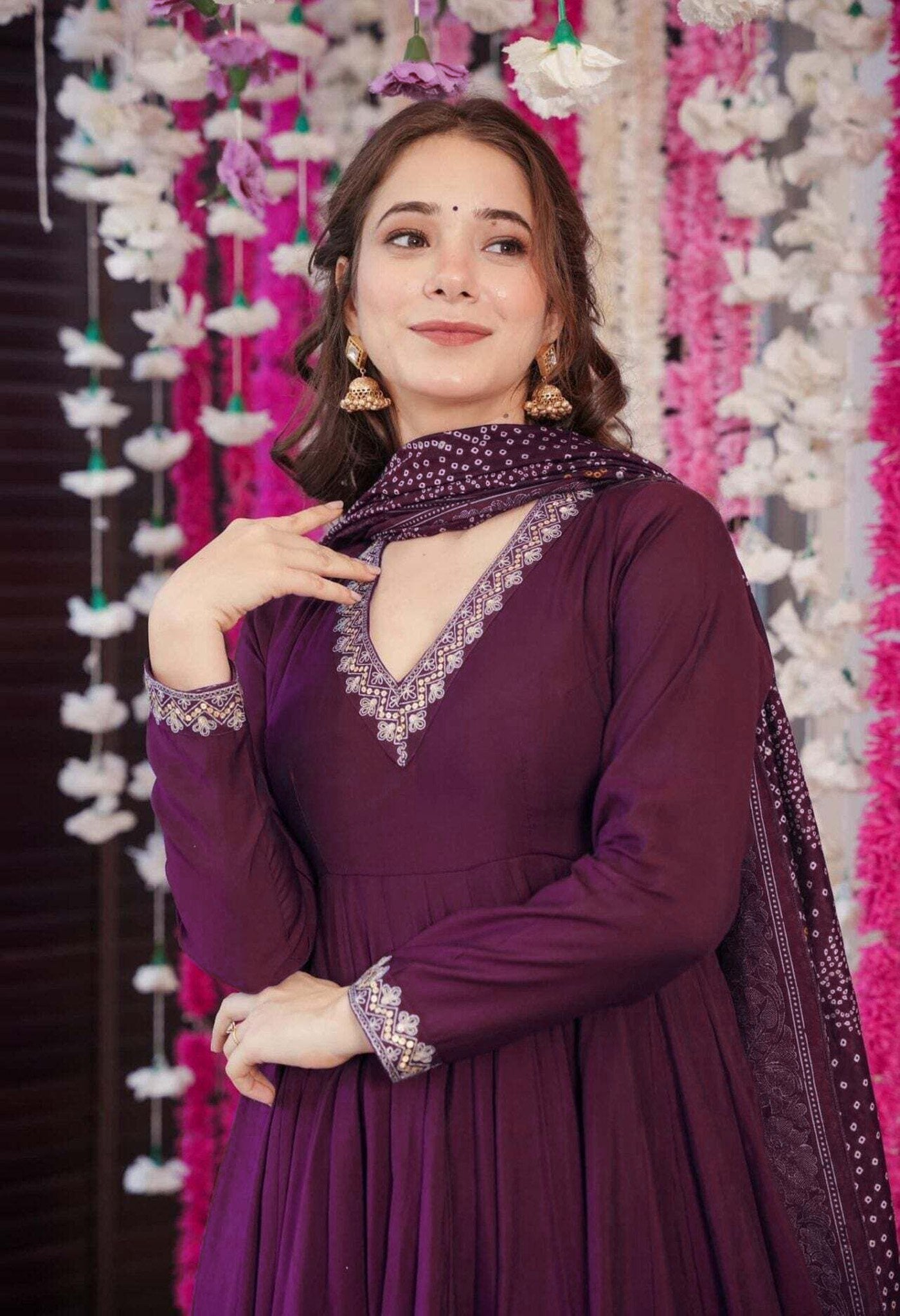 Purple Vichitra Anarkali Kurti Palazzo Set with Chanderi Dupatta Festive Wear