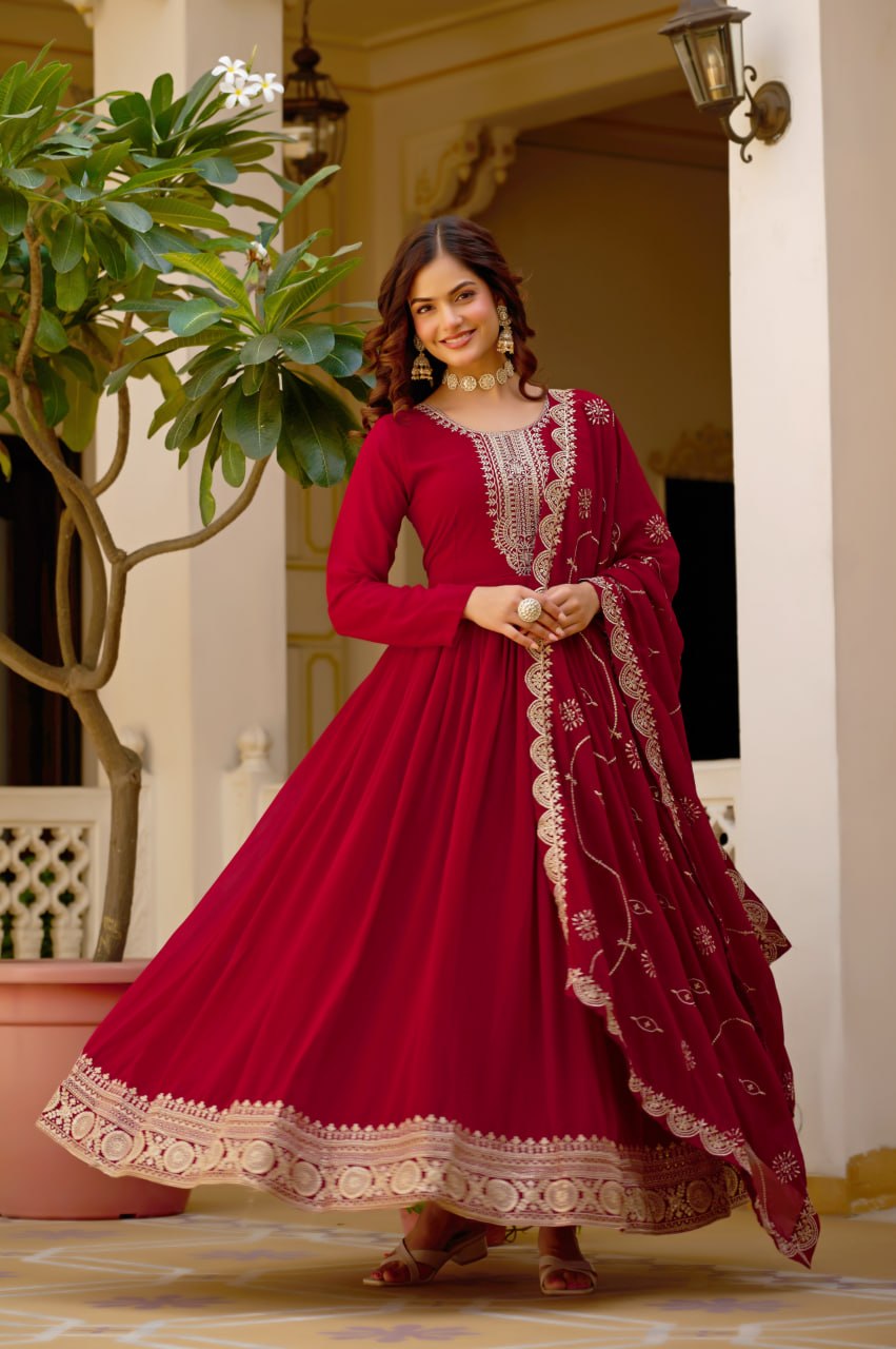 Maroon Faux Blooming Anarkali Gown with Dupatta Sequins Embroidery Festive Wear