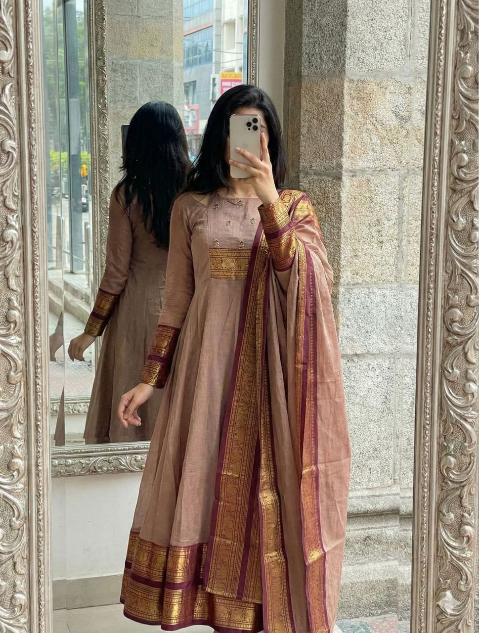 Brown Pattu Cotton Anarkali Kurti Set with Dupatta Zari Border Traditional Wear