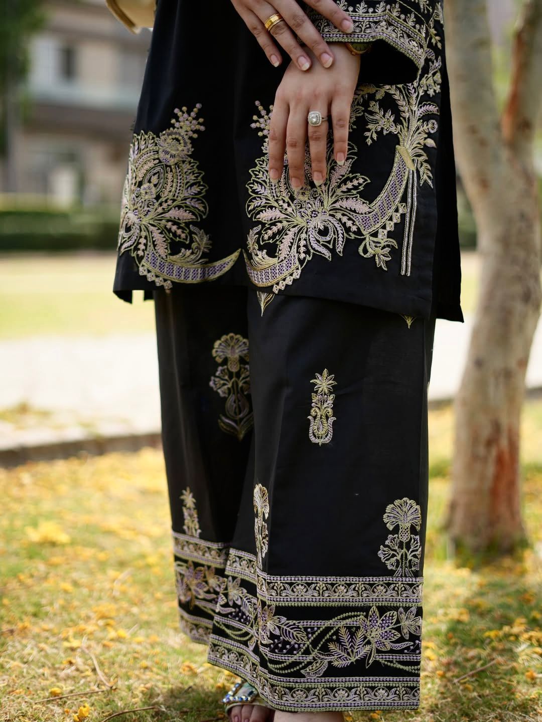 Black Muslin Cotton Co-Ord Set with Palazzo Embroidered Ethnic Wear