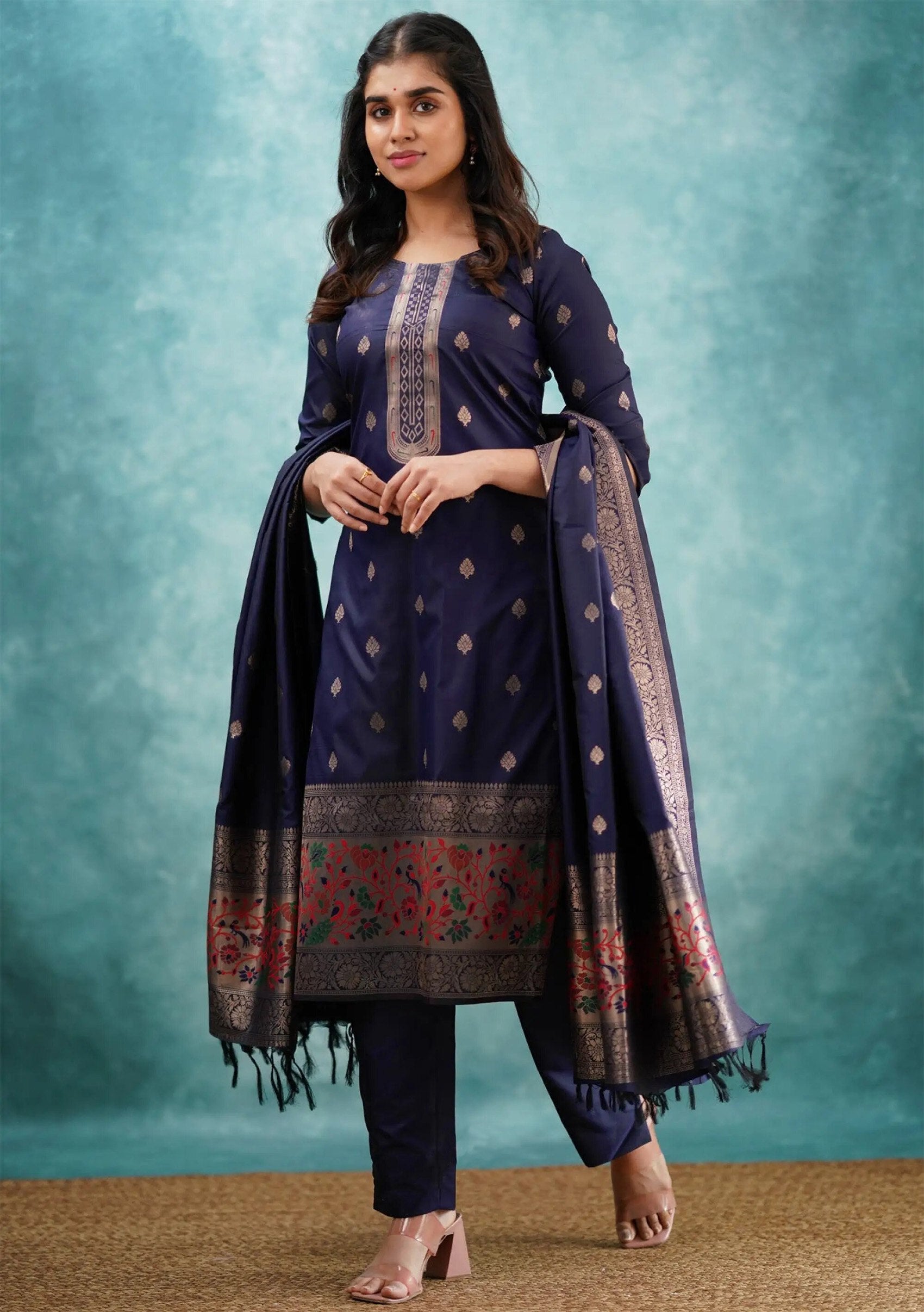 Blue Art Silk Kurti Pant Set with Dupatta Woven Design Ethnic Wear
