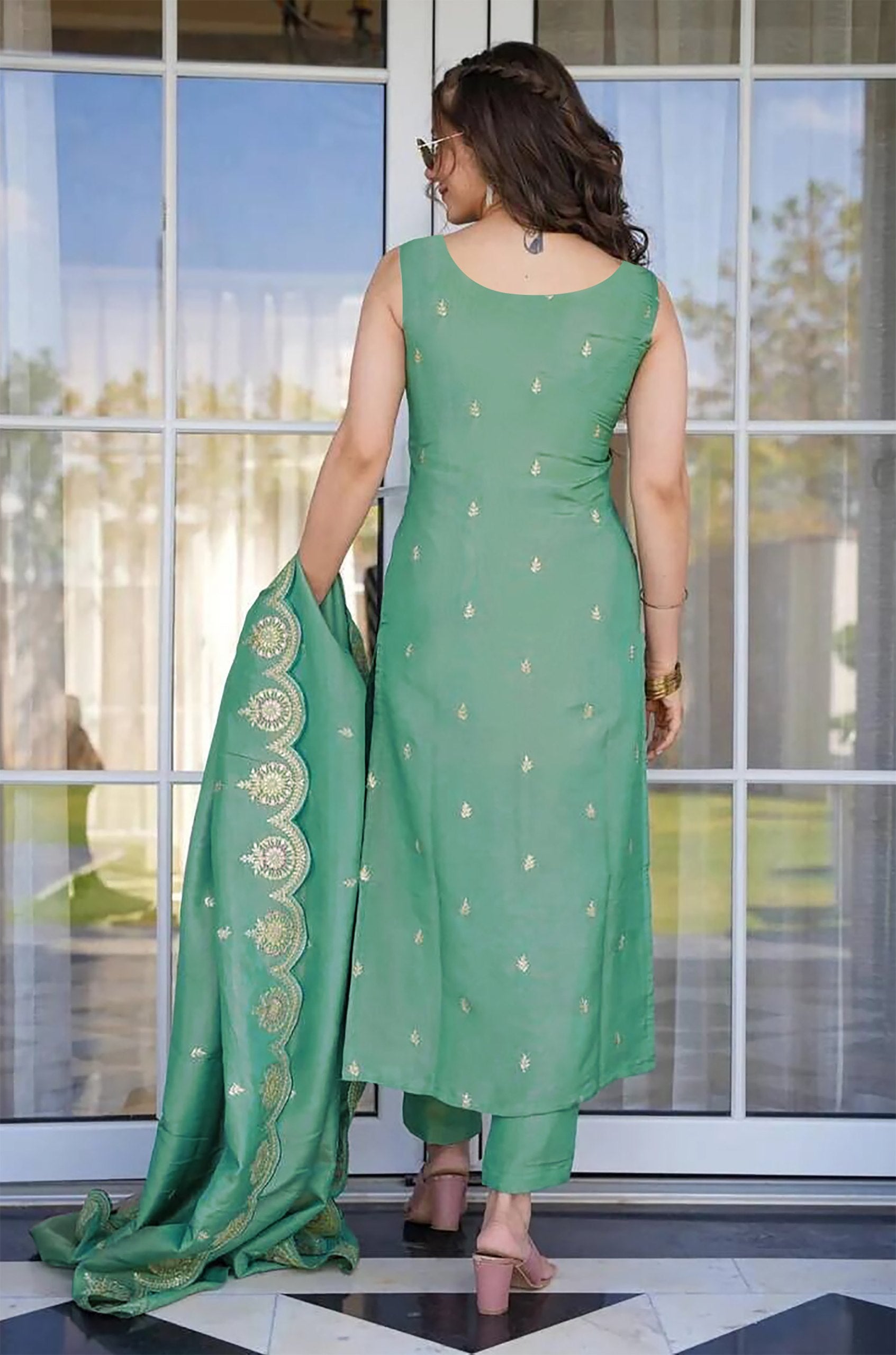 Light Green Embroidered Tesla Kurta Pant Dupatta Set