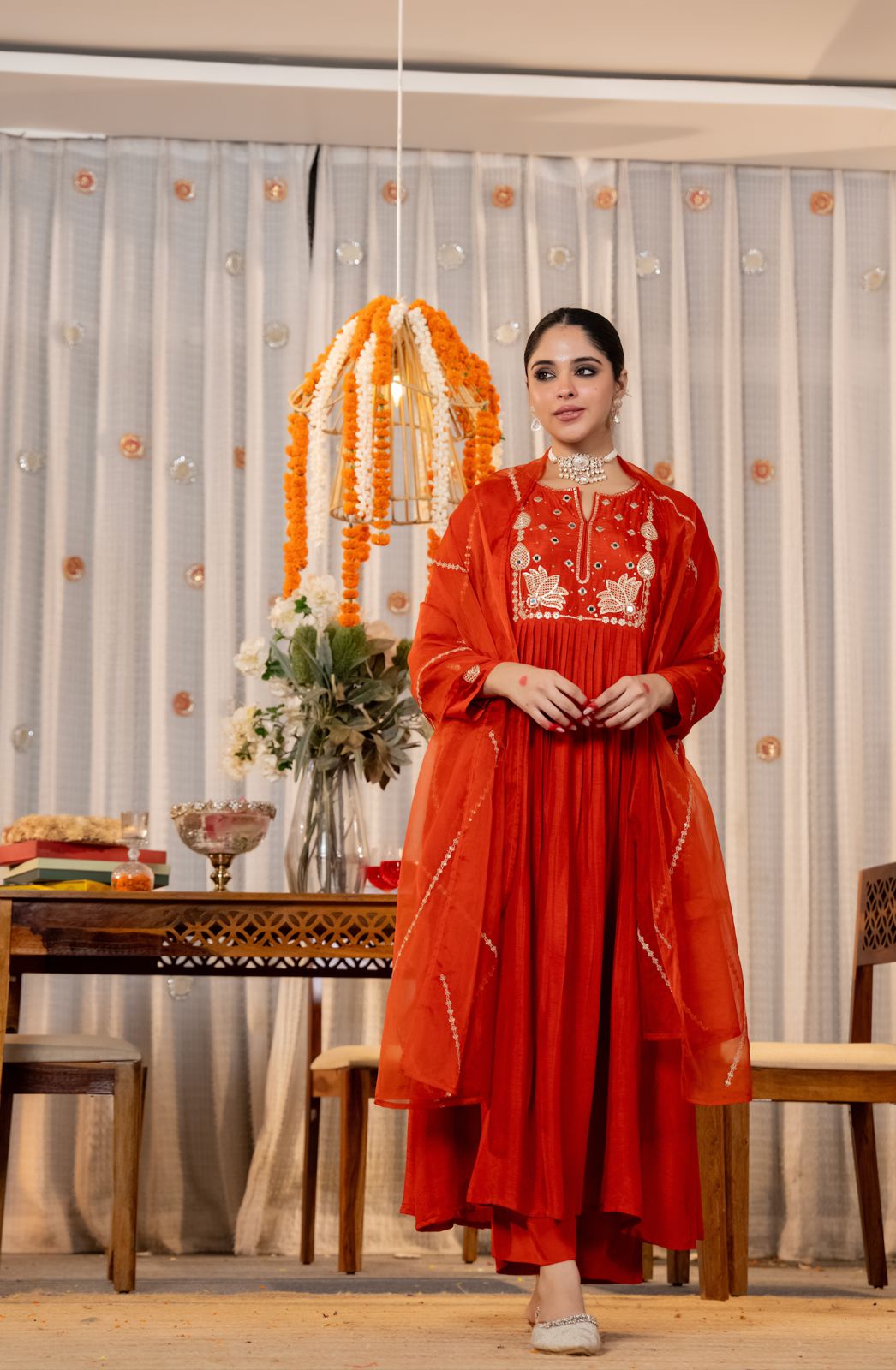 Orange & Green Chanderi Silk Kurti Set Women
