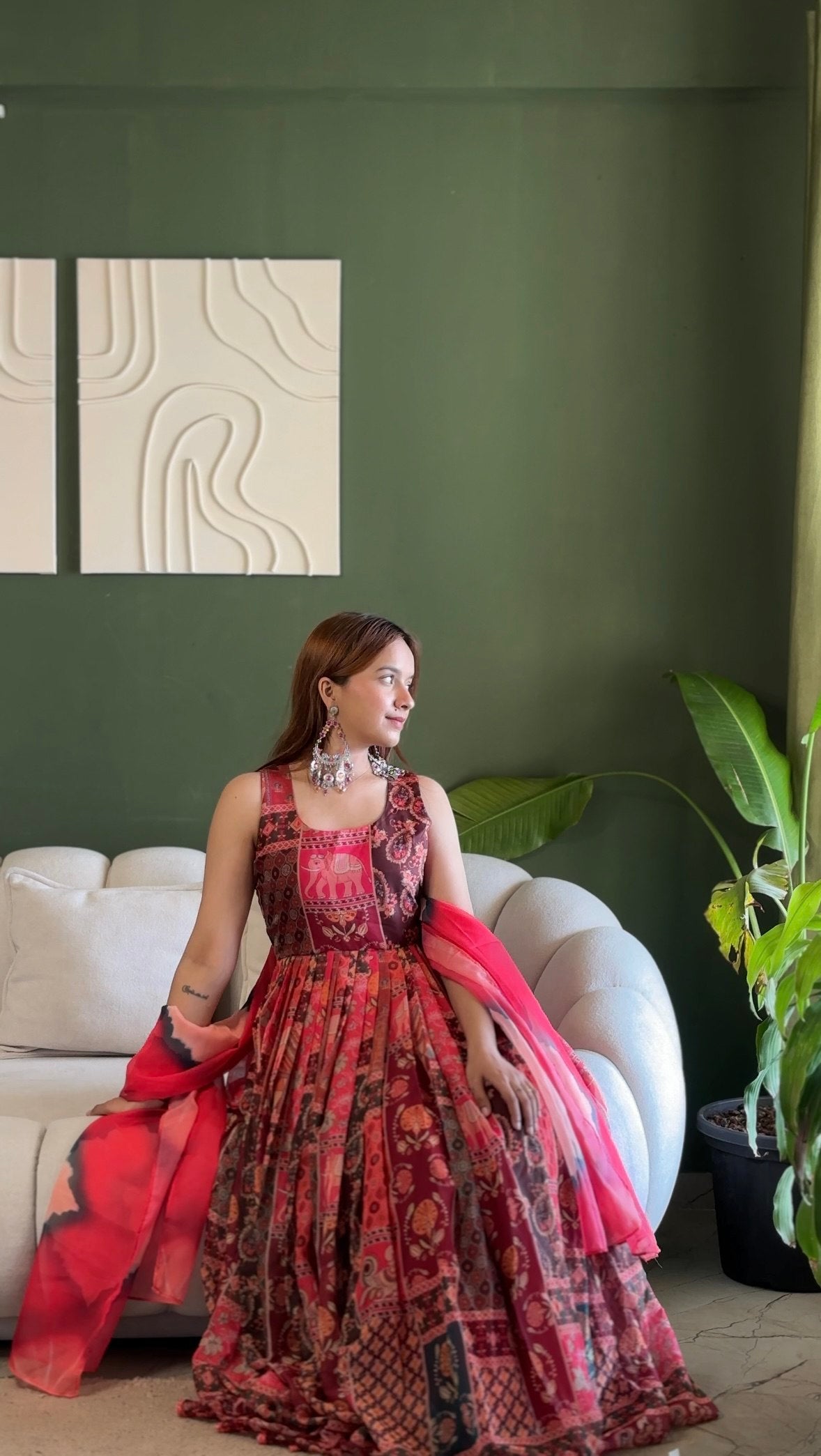 Red Patola Printed Organza Gown with Dupatta Festive Ethnic Wear